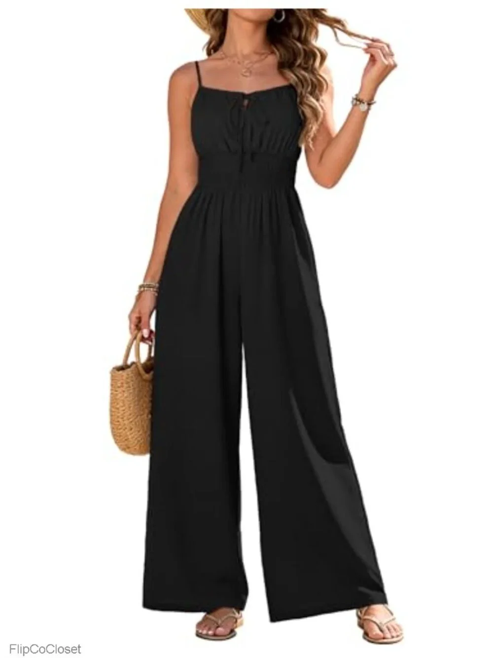 Womens Sleeveless Wide Leg Jumpsuit with Pockets Smocked Back Romper